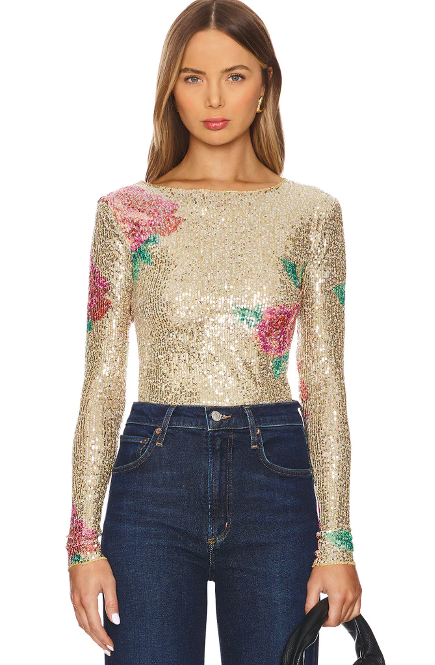 Free People Printed Gold Rush Sequin Top Long Sleeve Champagne Combo XS NWT